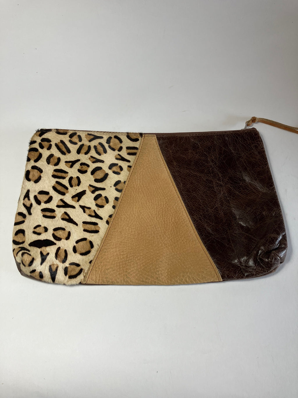 ONE OF A KIND - SAMPLE Leather clutch bag chocolate and camel brown and leopard leather