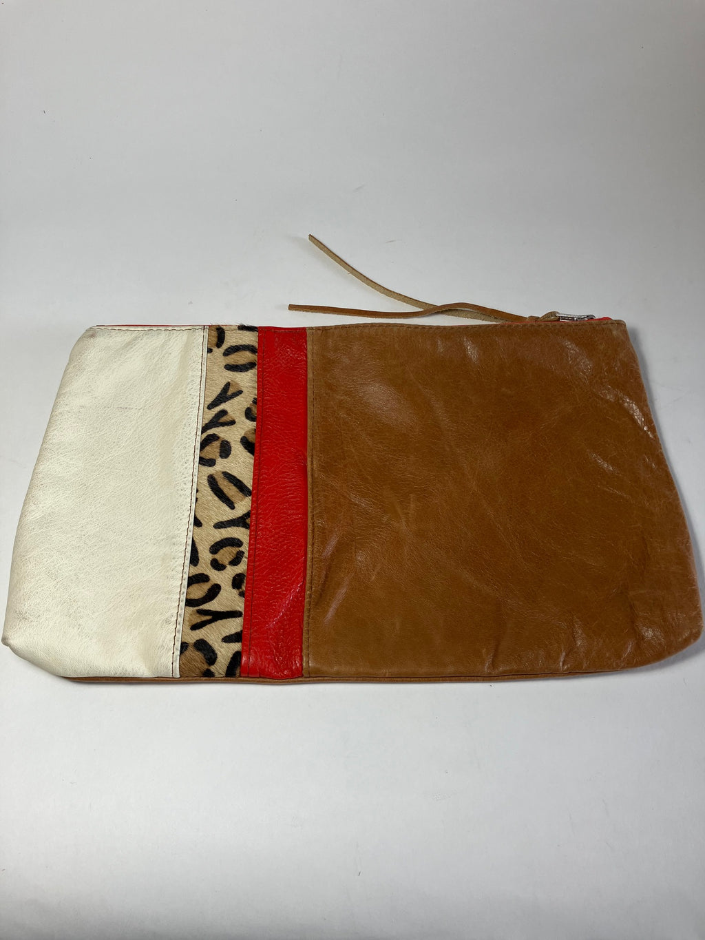 ONE OF A KIND - SAMPLE Leather clutch bag tan brown, fire red, leopard and ivory
