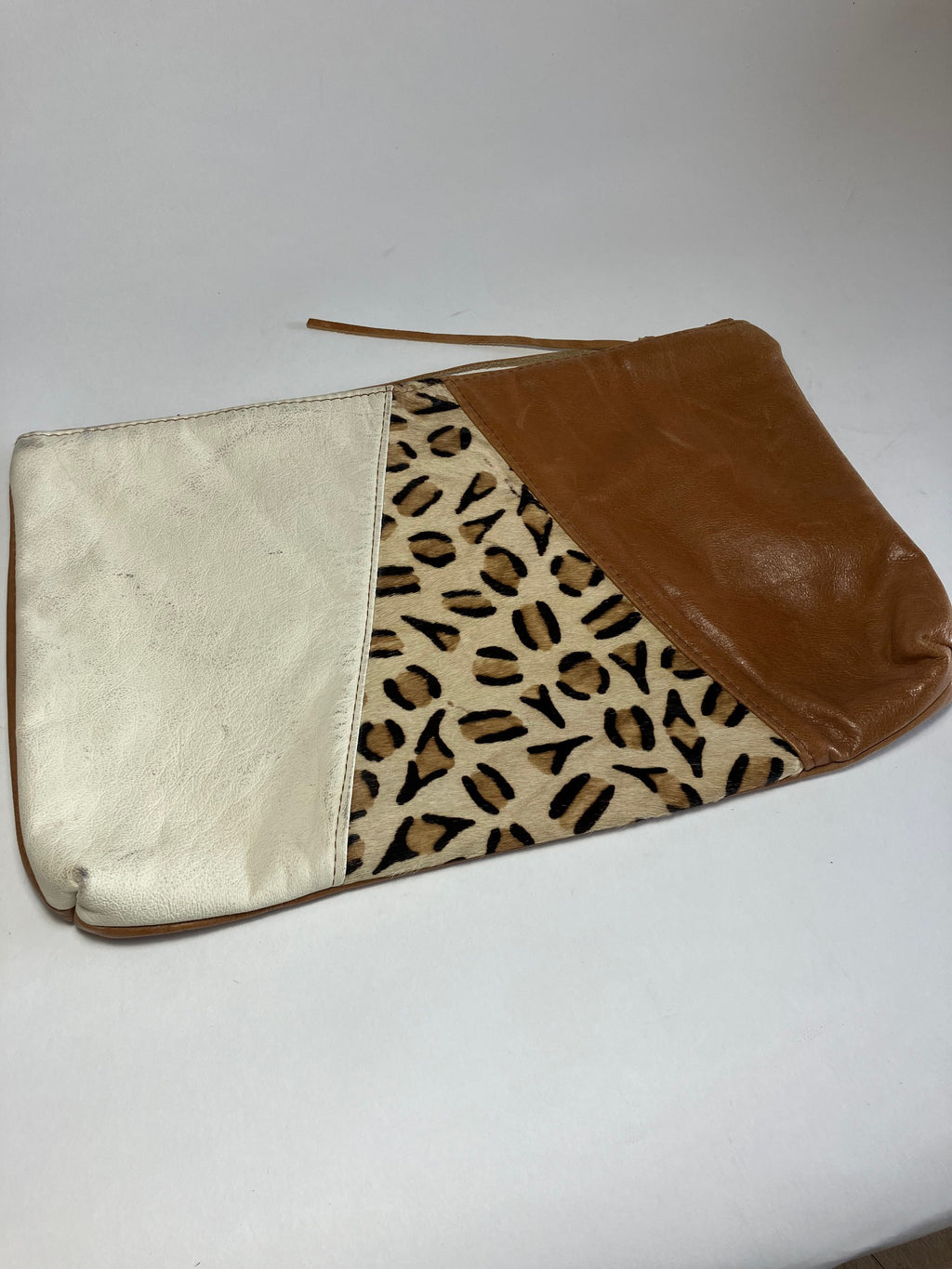 ONE OF A KIND - SAMPLE Leather clutch bag tan brown, leopard and ivory