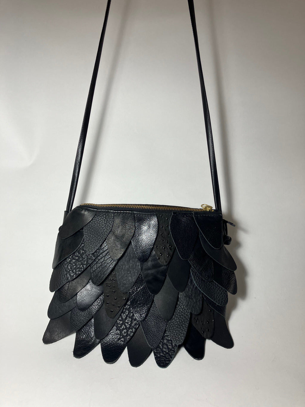SAMPLE. PROTOTYPE Leather feather boho clutch with shoulder strap PALOMA