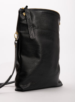 Veinage Bordeaux black leather clutch bag with crossbody strap, handmade in Montreal with upcycled materials