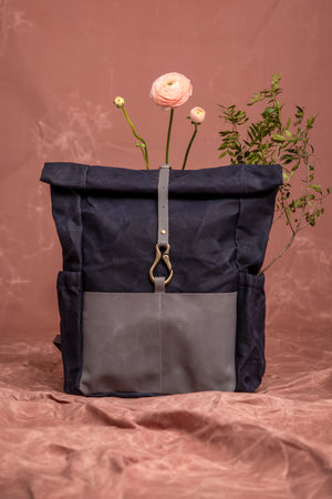 Leather and waxed canvas rolltop backpack DE LORIMIER made to order