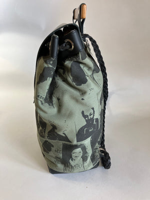 SAMPLE ONE OF A KIND Leather and handprinted pattern canevas backpack