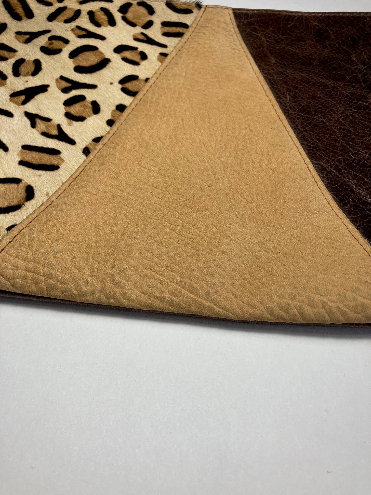 ONE OF A KIND - SAMPLE Leather clutch bag chocolate and camel brown and leopard leather