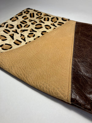 ONE OF A KIND - SAMPLE Leather clutch bag chocolate and camel brown and leopard leather