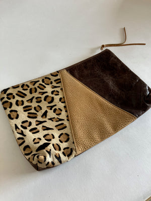 ONE OF A KIND - SAMPLE Leather clutch bag chocolate and camel brown and leopard leather