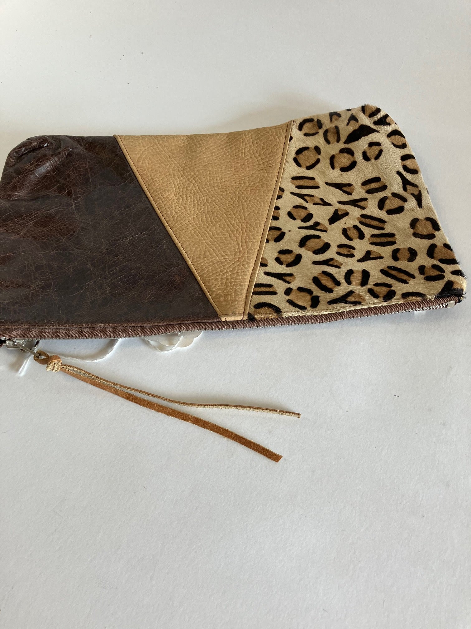 ONE OF A KIND - SAMPLE Leather clutch bag chocolate and camel brown and leopard leather