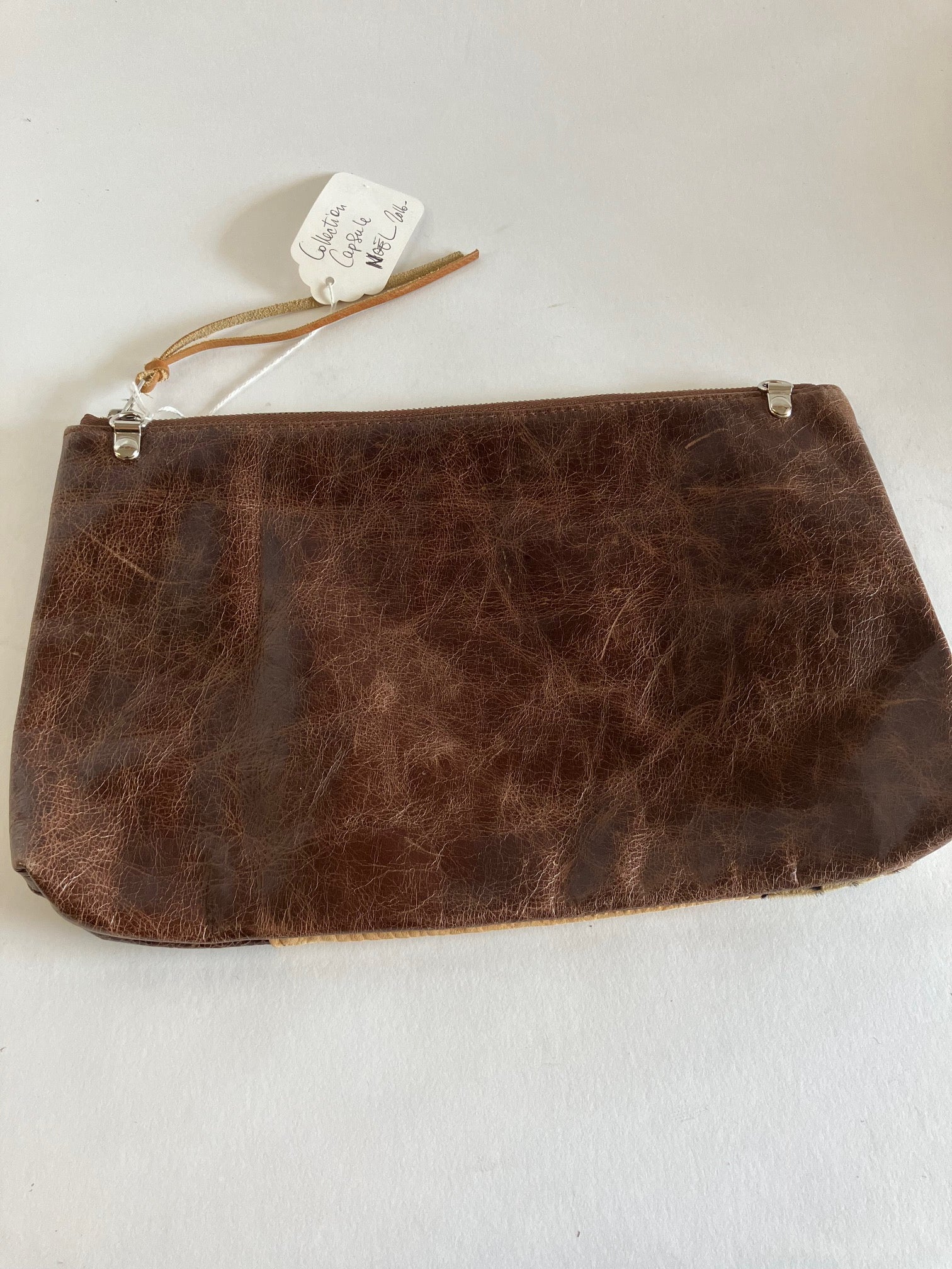 ONE OF A KIND - SAMPLE Leather clutch bag chocolate and camel brown and leopard leather