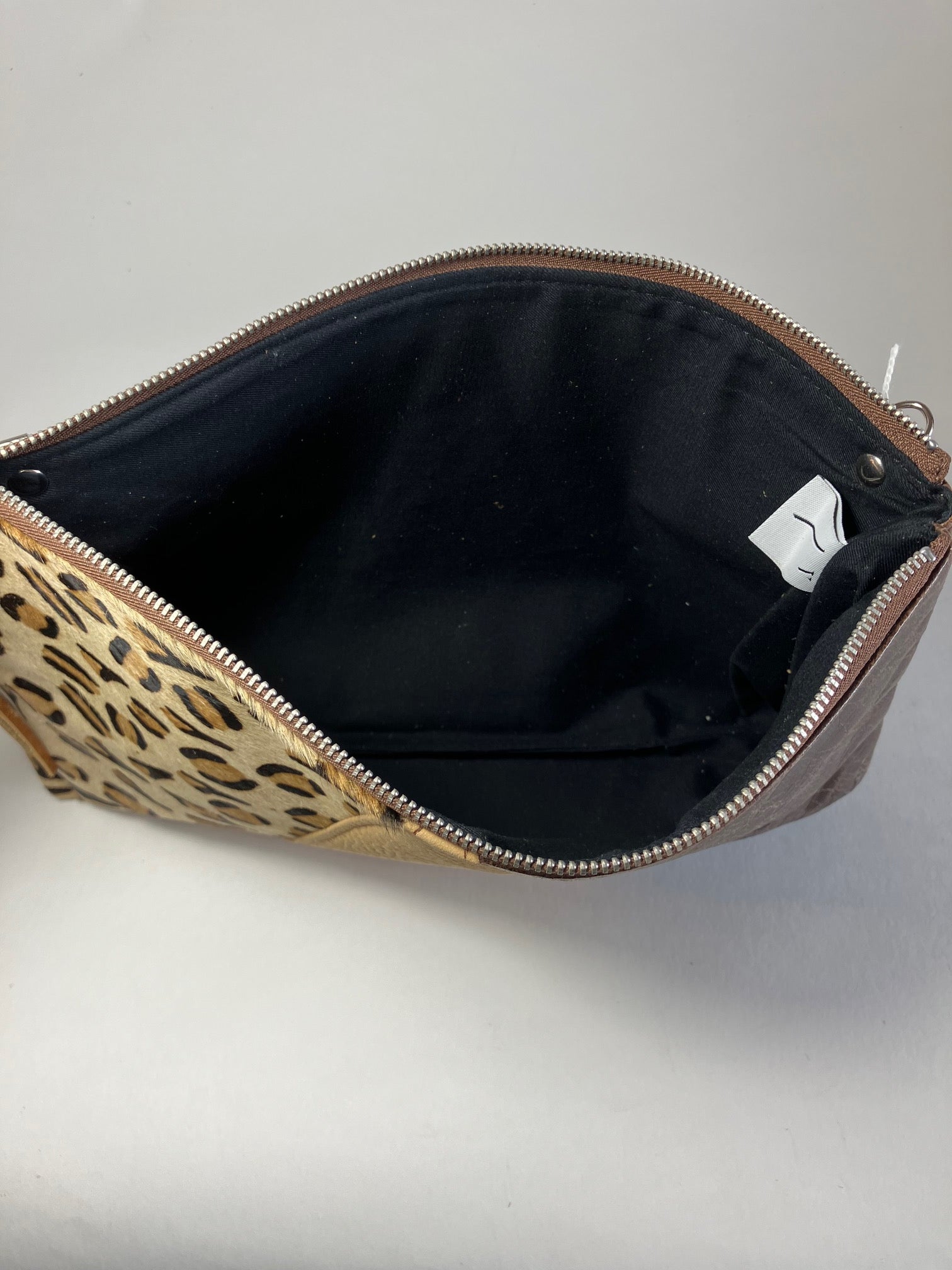 ONE OF A KIND - SAMPLE Leather clutch bag chocolate and camel brown and leopard leather