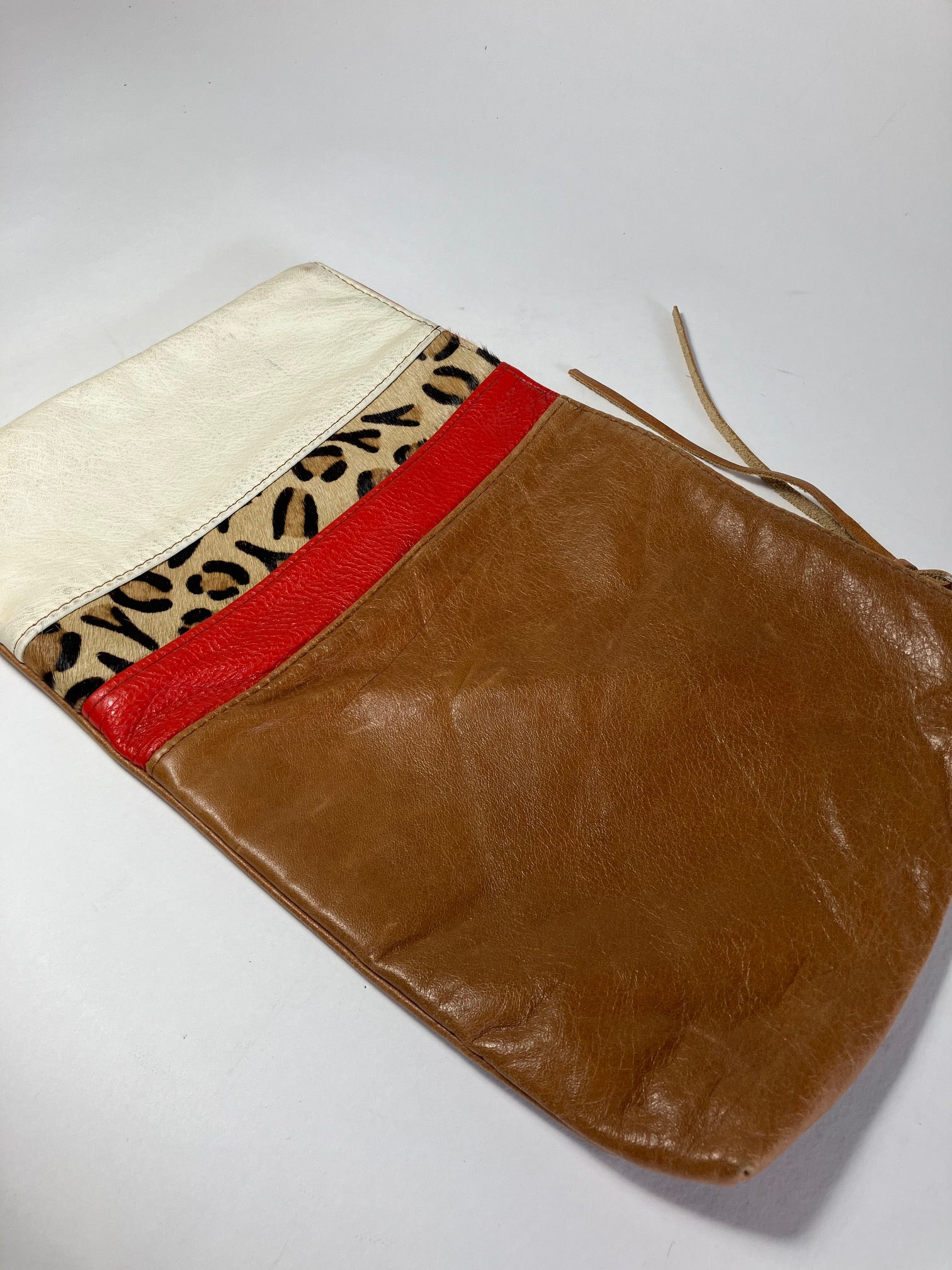 ONE OF A KIND - SAMPLE Leather clutch bag tan brown, fire red, leopard and ivory