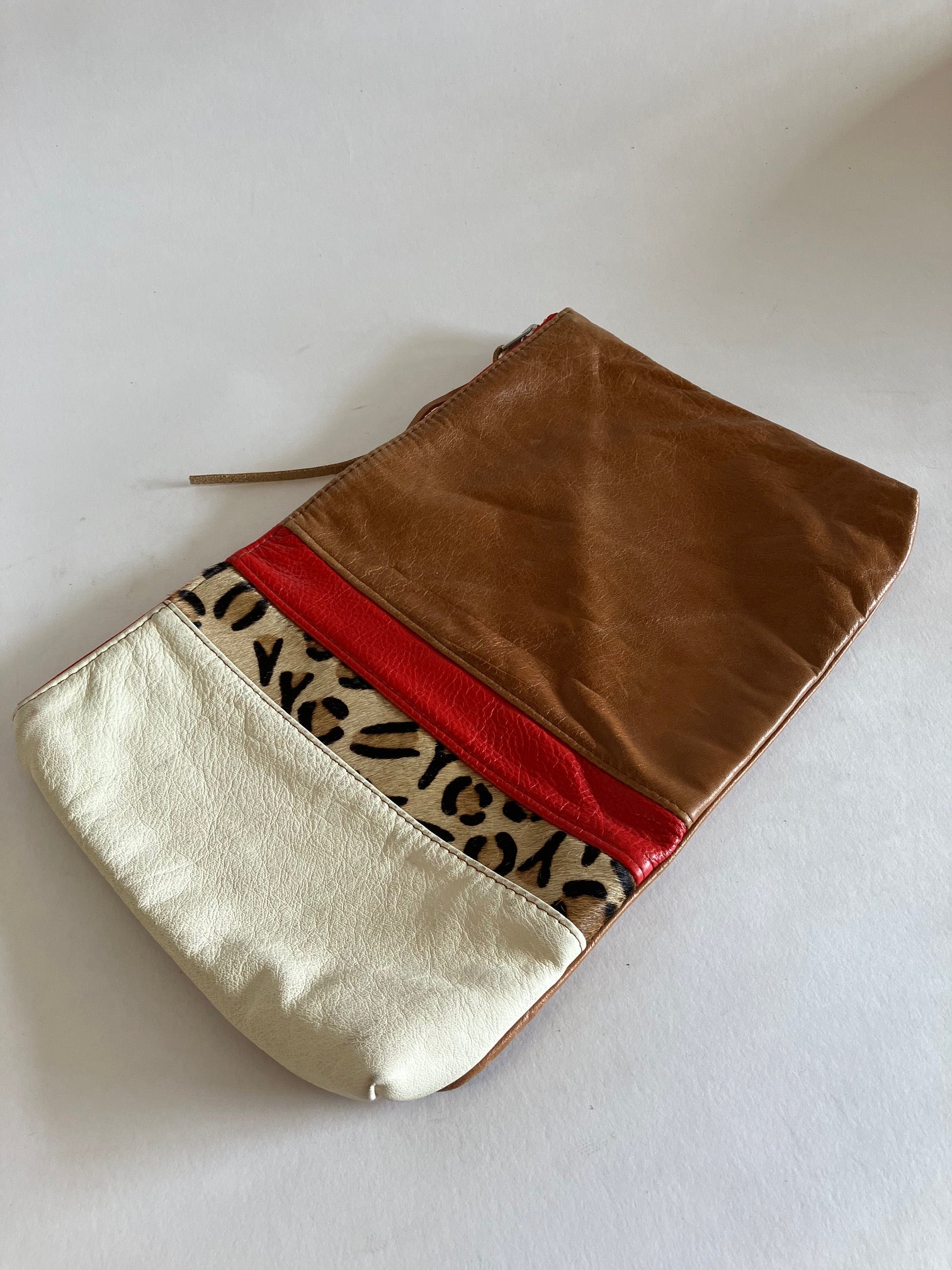 ONE OF A KIND - SAMPLE Leather clutch bag tan brown, fire red, leopard and ivory