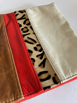 ONE OF A KIND - SAMPLE Leather clutch bag tan brown, fire red, leopard and ivory