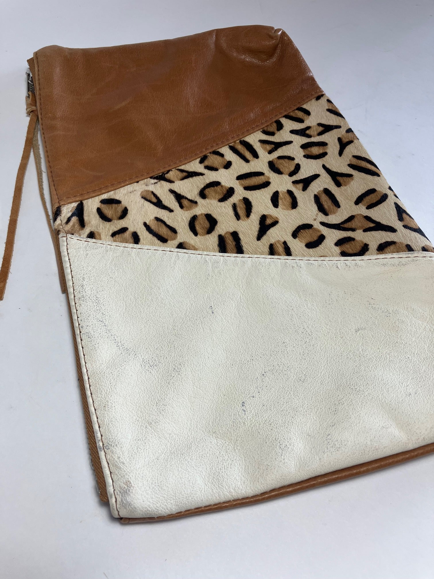 ONE OF A KIND - SAMPLE Leather clutch bag tan brown, leopard and ivory