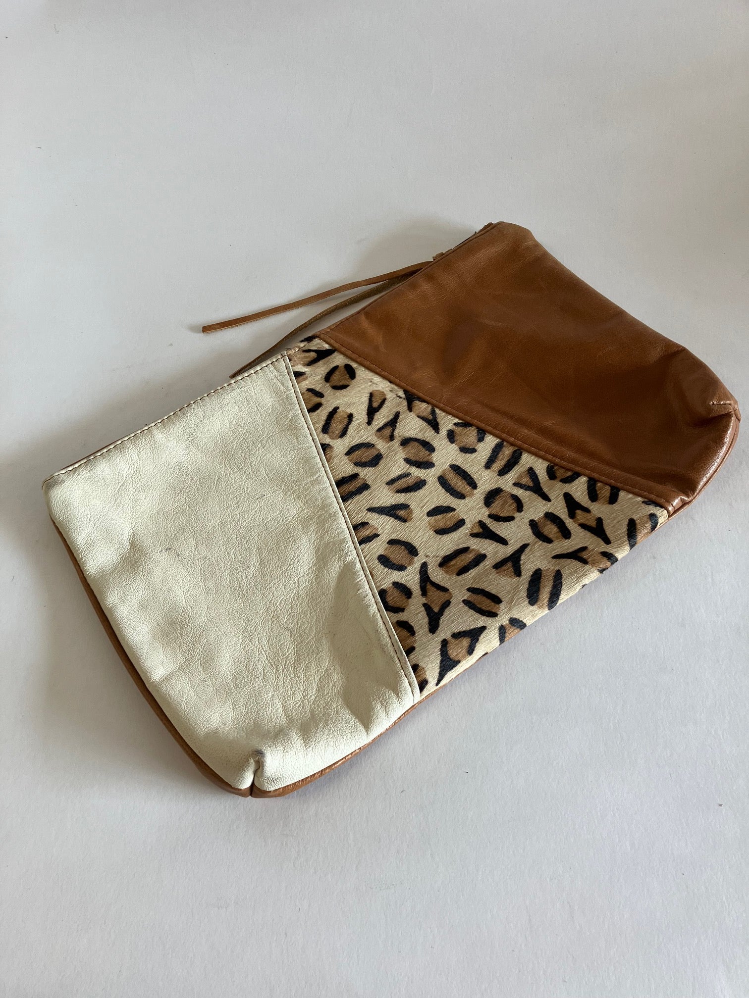 ONE OF A KIND - SAMPLE Leather clutch bag tan brown, leopard and ivory