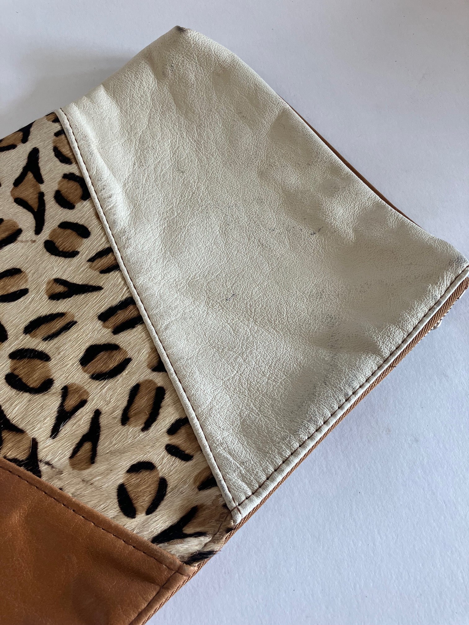 ONE OF A KIND - SAMPLE Leather clutch bag tan brown, leopard and ivory