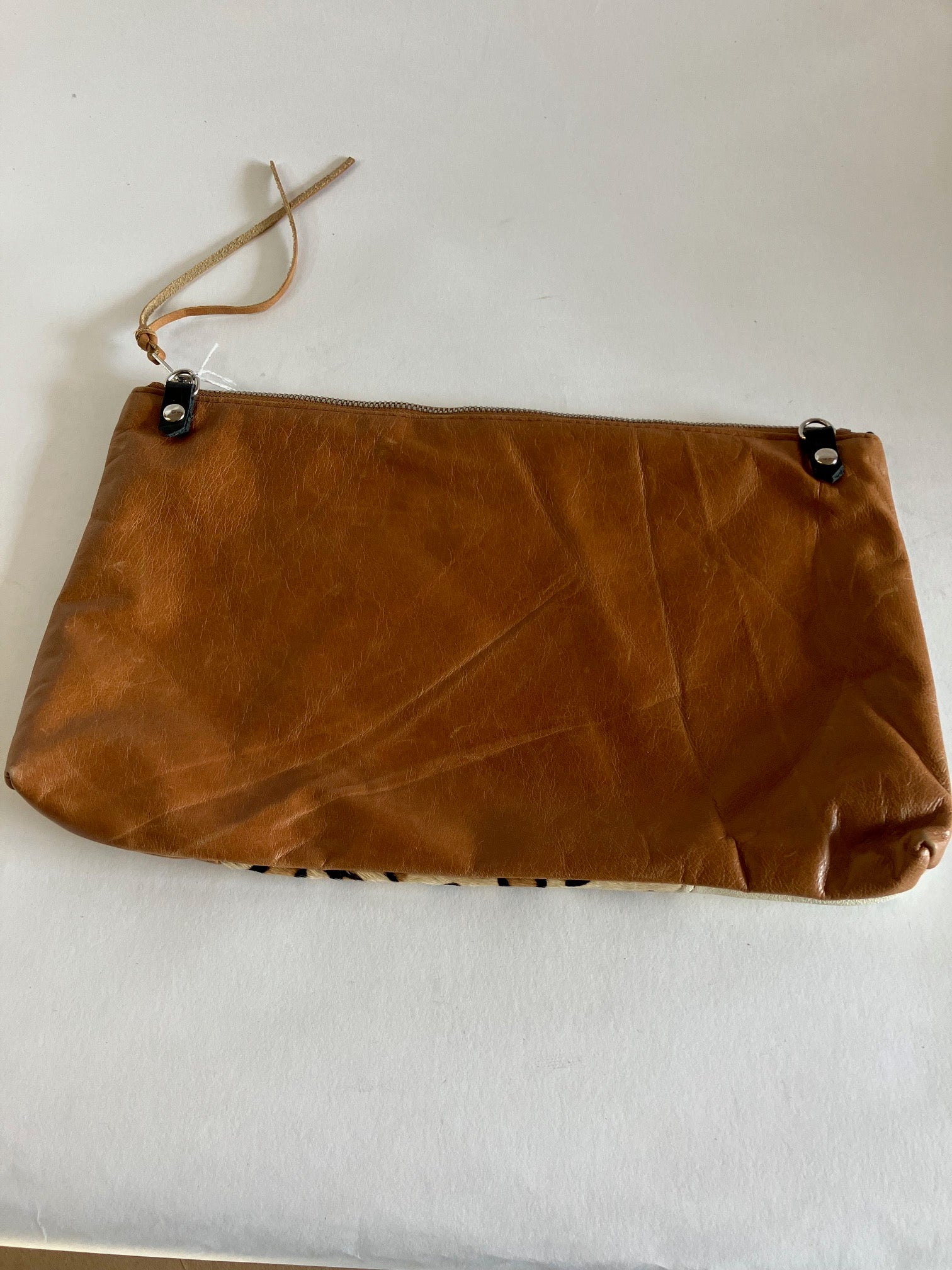 ONE OF A KIND - SAMPLE Leather clutch bag tan brown, leopard and ivory