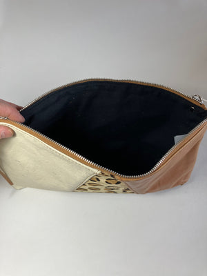 ONE OF A KIND - SAMPLE Leather clutch bag tan brown, leopard and ivory