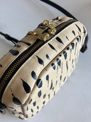 Leather crossbody bag and brass charm One of a kind piece, hand painted