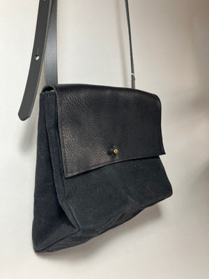 SAMPLE. PROTOTYPE black leather and waxed canvas Triangular handbag TRIANGOLO