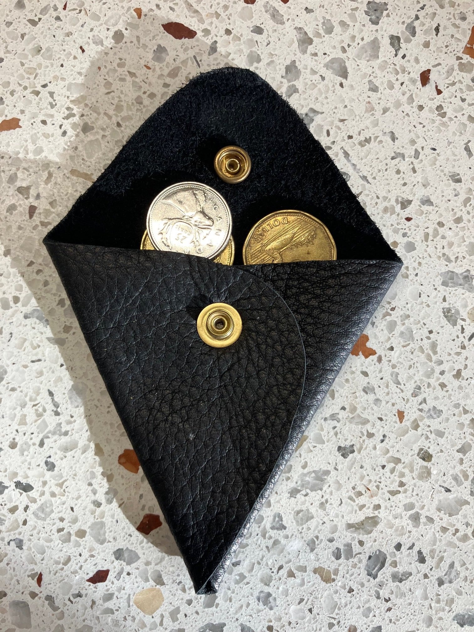 Sample. one of a kind. Leather minimalist triangle shape coin pouch. Handmade in Montreal