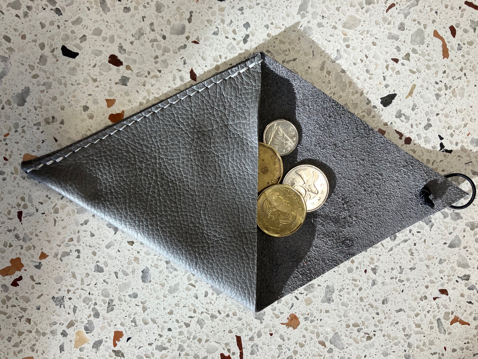 Sample. one of a kind. Leather minimalist triangle shape coin pouch. Handmade in Montreal