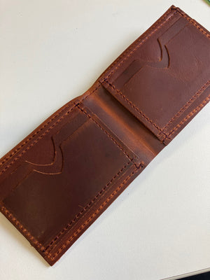 SAMPLE. Minimalist bifold cognac brown leather wallet. handmade in Canada