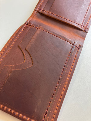 SAMPLE. Minimalist bifold cognac brown leather wallet. handmade in Canada