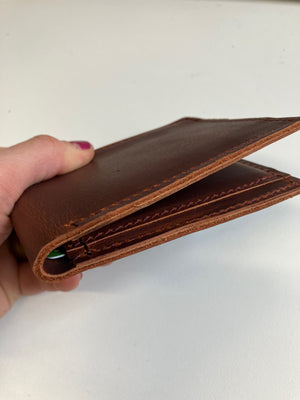 SAMPLE. Minimalist bifold cognac brown leather wallet. handmade in Canada