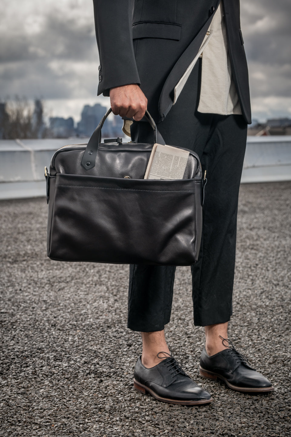 Leather briefcase, attache case OPUS model handmade by VEINAGE in Montreal