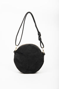 Round shoulder bag model ROTONDO of the collection Variable Geometry by VEINAGE, handmade in Montreal Canada