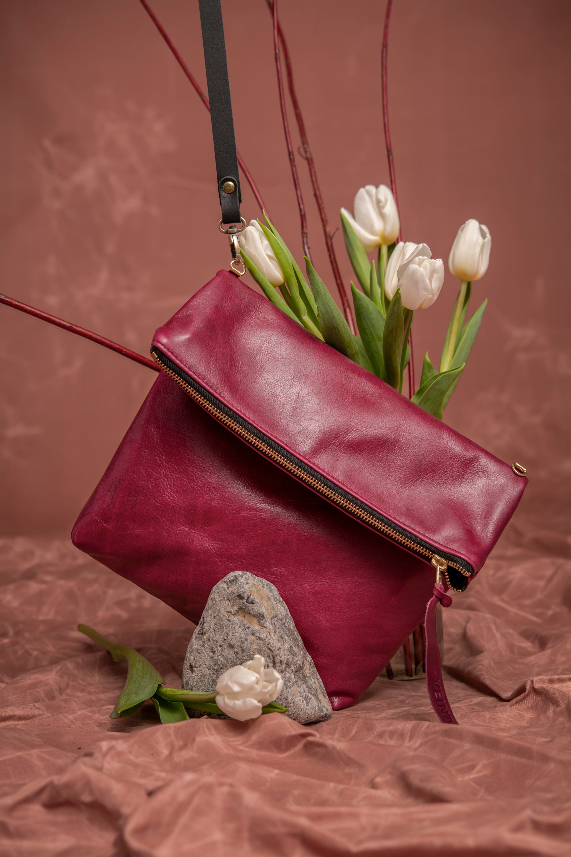 Leather clutch bag with crossbody strap BORDEAUX made to order by Veinage, handmade in Montreal Canada