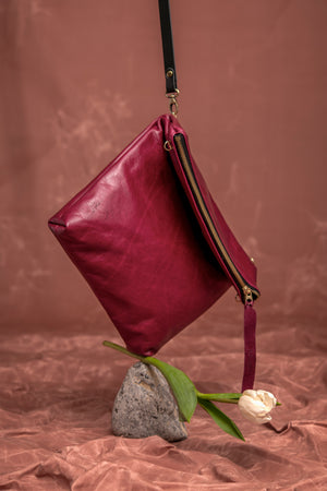 Leather clutch bag with crossbody strap BORDEAUX made to order