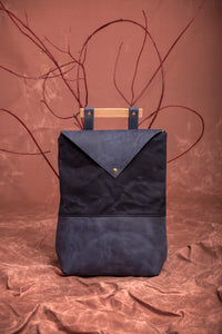Leather and waxed canvas back pack with wood handle FULLUM made to order
