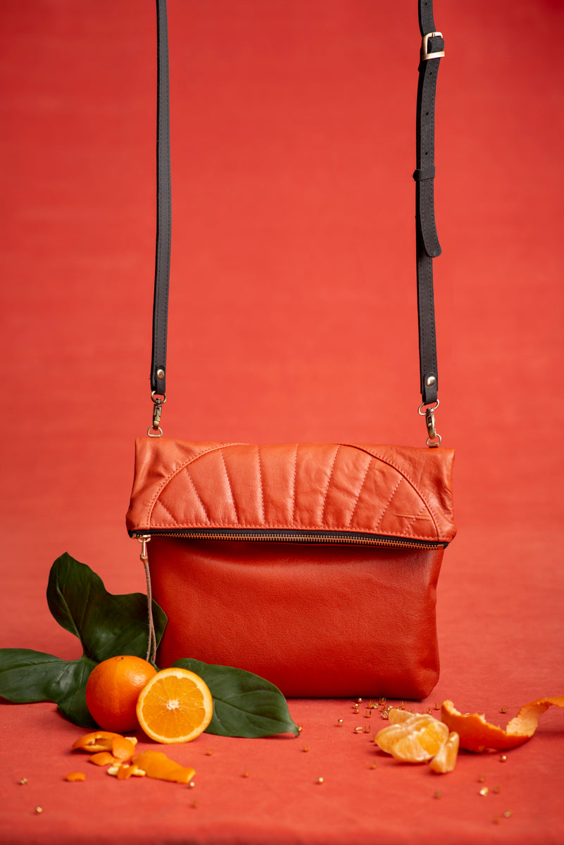 Leather clutch bag with crossbody strap ORANGE made to order
