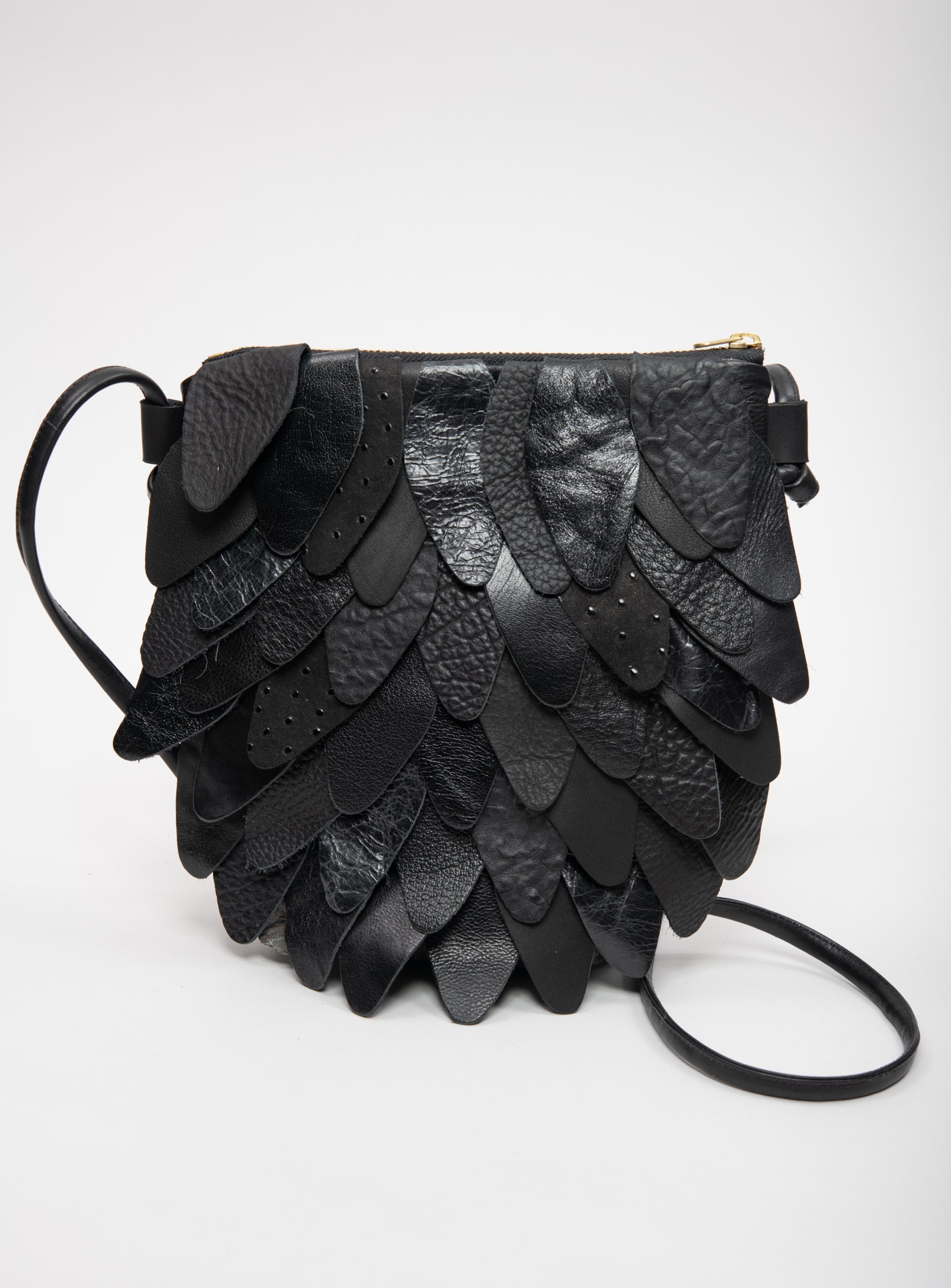 Veinage Wide multi-fringed leather pouch with shoulder strap PALOMA model, handmade in Montreal Canada