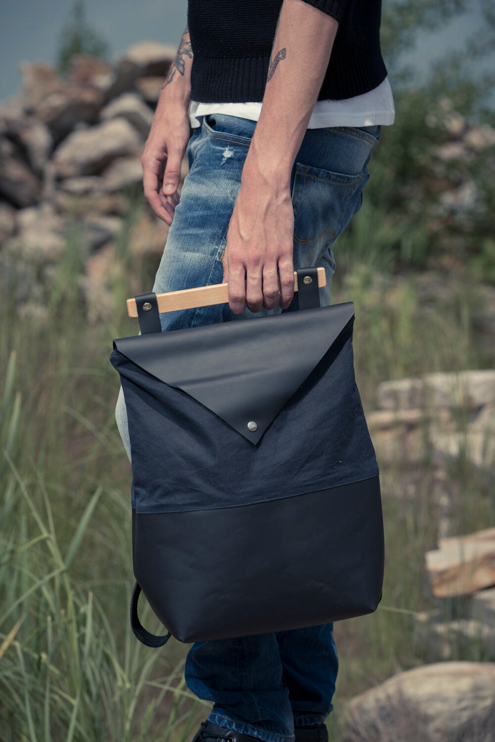 Veinage SILEX leather backpack with wood handle, laptop backpack, handmade in Montreal, Canada