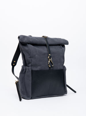 Veinage De Lorimier black leather and waxed canvas roll top backpack, handmade in Montreal Canada